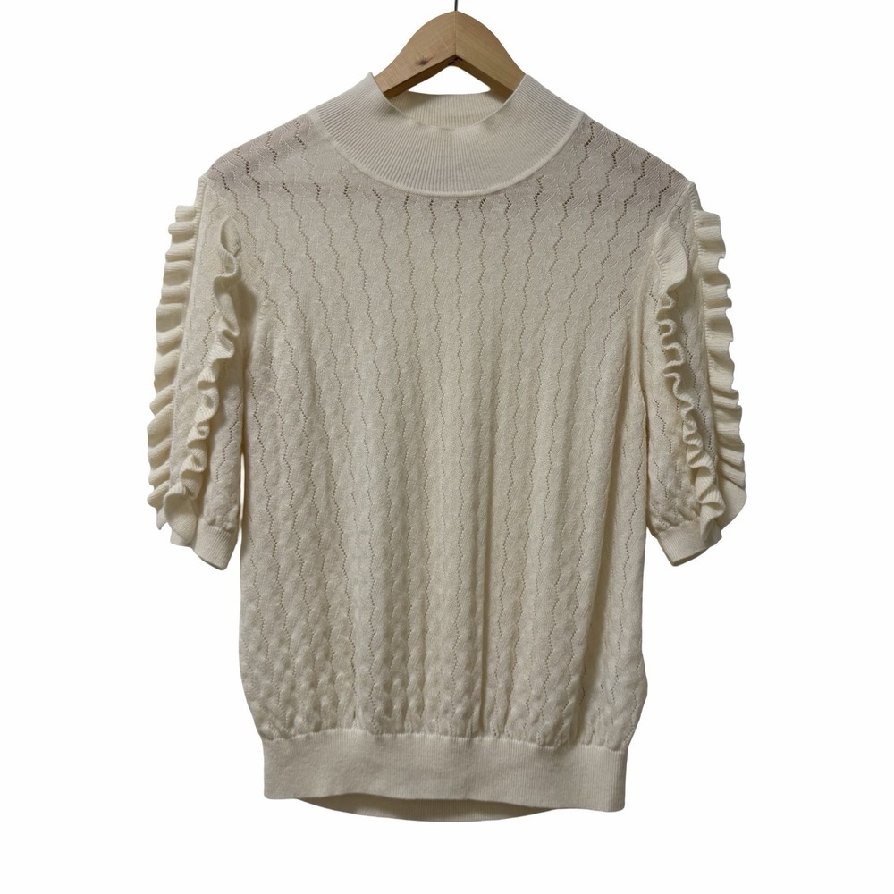 Joie Womens Wool Cashmere Knit Ruffle Short Sleeve Sweater Top Size XL Cream